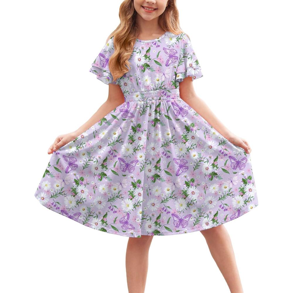 imageArshiner Girls Casual Dress Summer Scoop Neck Short Sleeve Flowy Print and Plain Sundress for Kids 414YLilac Butterfly Daisy