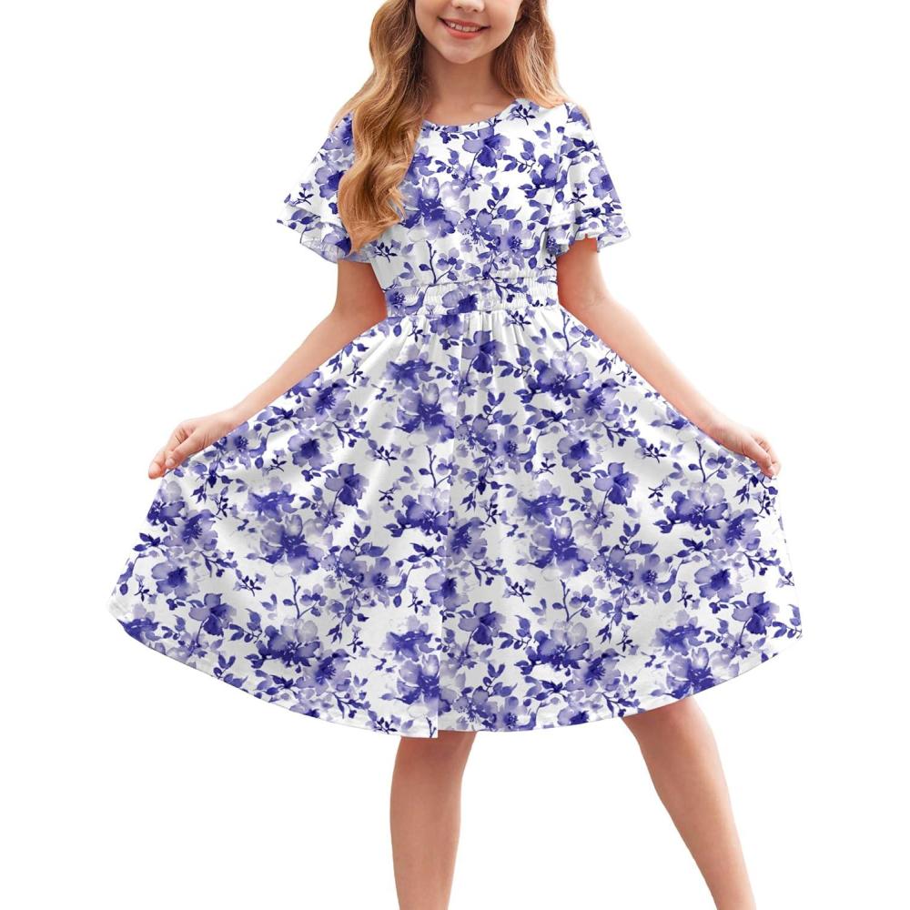 imageArshiner Girls Casual Dress Summer Scoop Neck Short Sleeve Flowy Print and Plain Sundress for Kids 414YPurple Floral