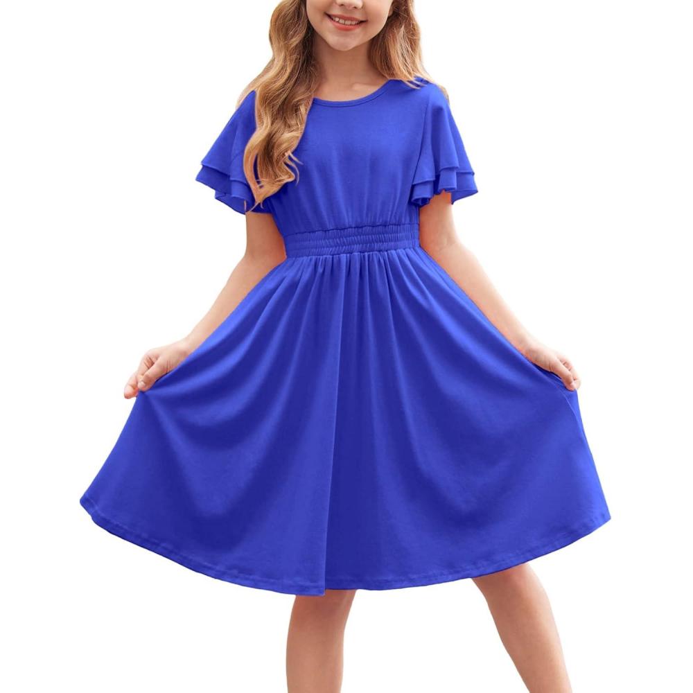 imageArshiner Girls Casual Dress Summer Scoop Neck Short Sleeve Flowy Print and Plain Sundress for Kids 414YRoyal Blue