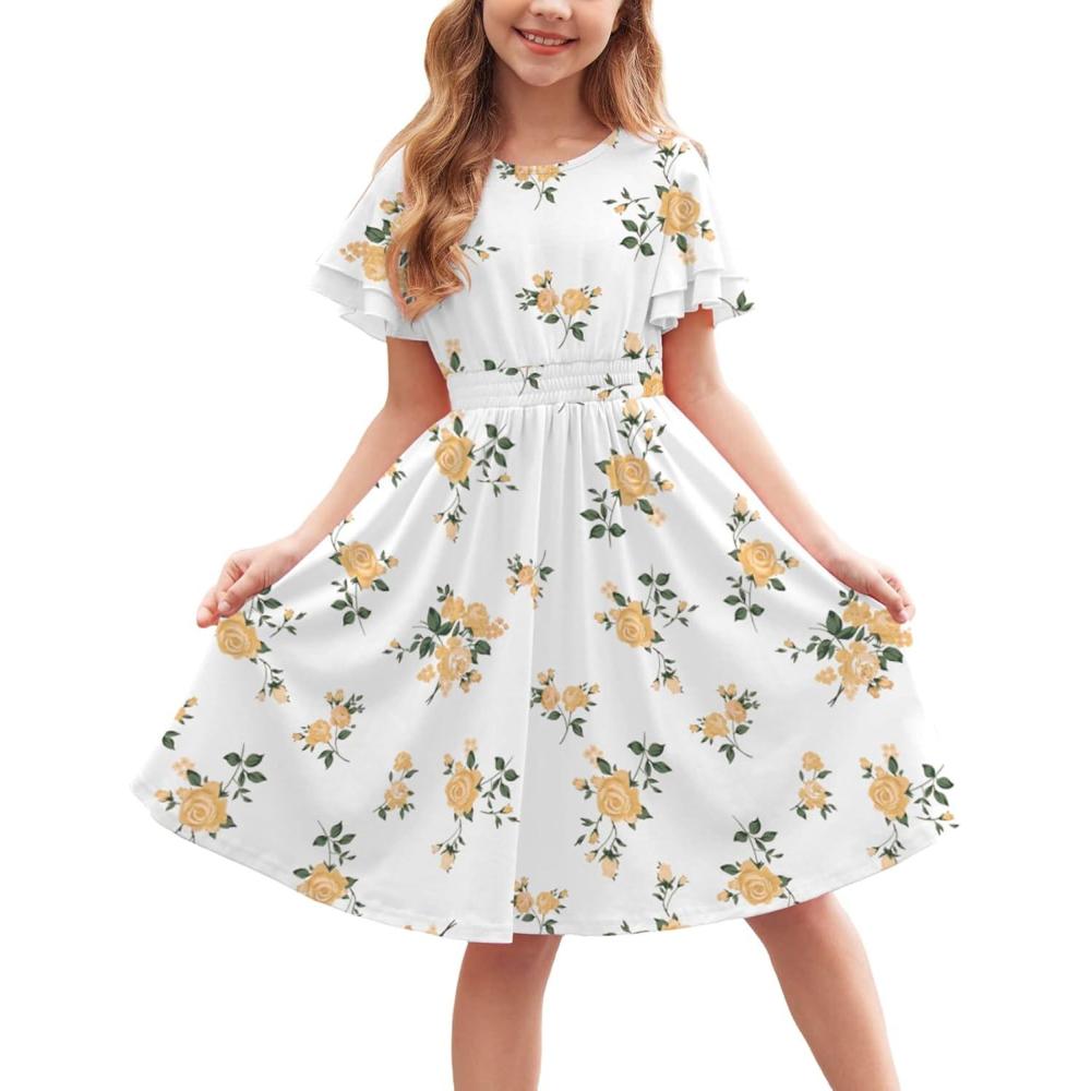 imageArshiner Girls Casual Dress Summer Scoop Neck Short Sleeve Flowy Print and Plain Sundress for Kids 414YYellow Floral