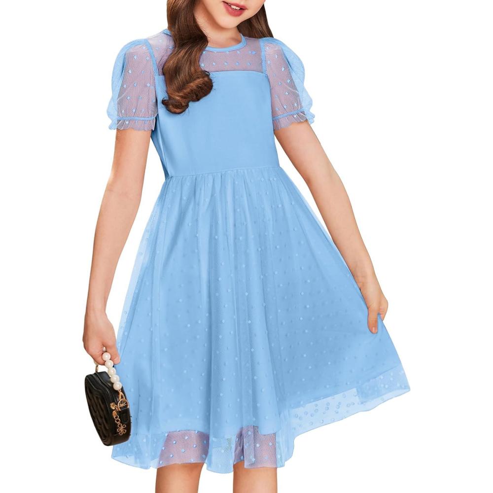 imageArshiner Girls Dress Contrast Mesh Puffy Short Sleeve A Line Casual Party Dress 312 YearsBlue