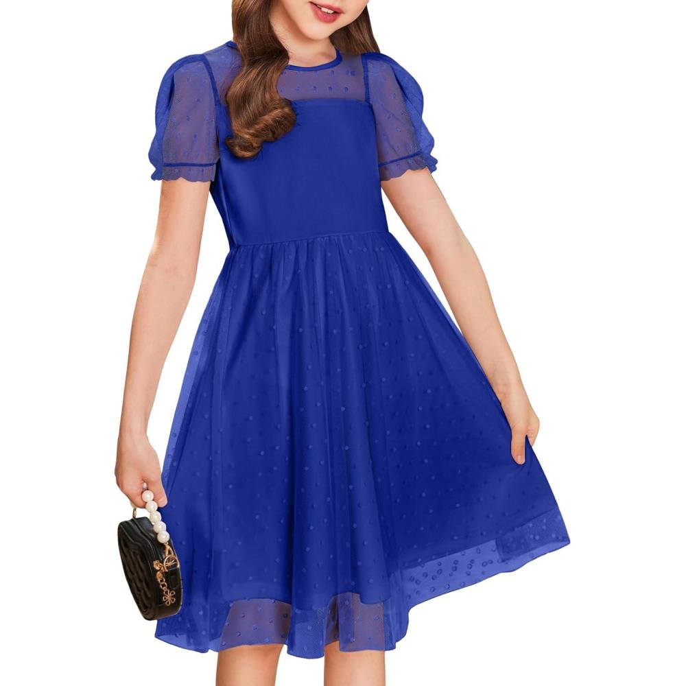 imageArshiner Girls Dress Contrast Mesh Puffy Short Sleeve A Line Casual Party Dress 312 YearsDeep Blue