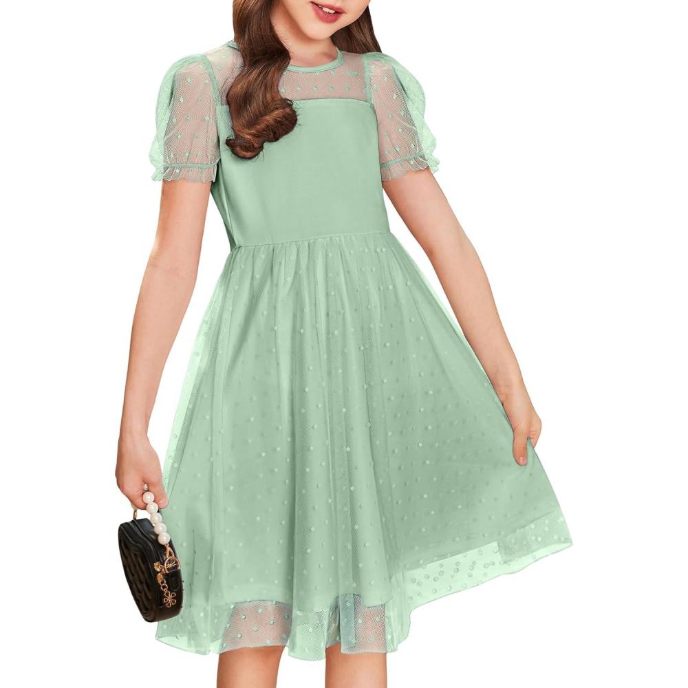 imageArshiner Girls Dress Contrast Mesh Puffy Short Sleeve A Line Casual Party Dress 312 YearsLight Green
