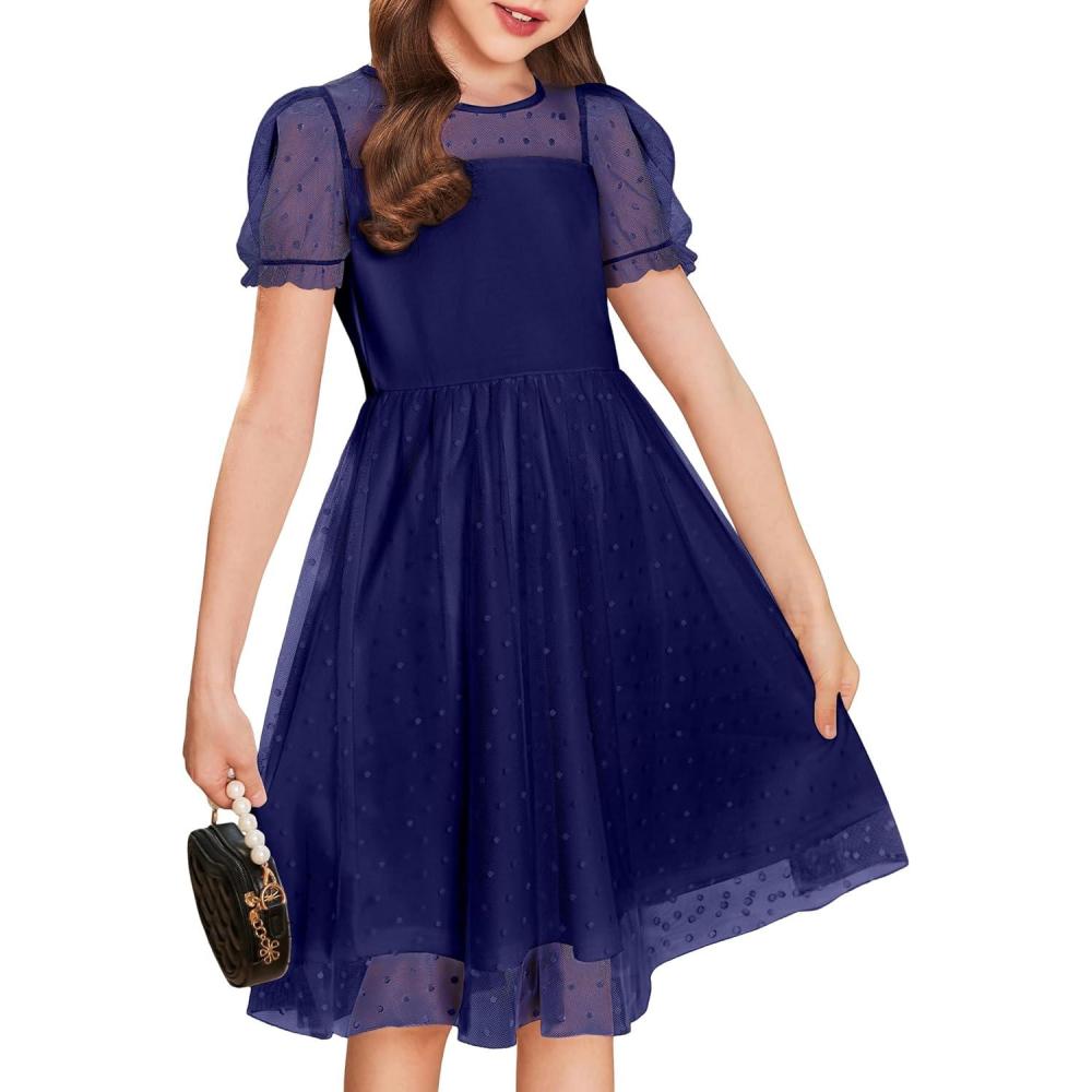 imageArshiner Girls Dress Contrast Mesh Puffy Short Sleeve A Line Casual Party Dress 312 YearsNavy Blue