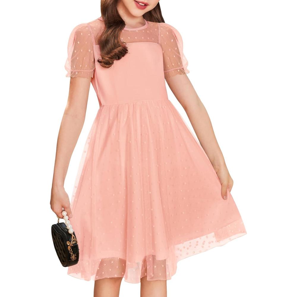 imageArshiner Girls Dress Contrast Mesh Puffy Short Sleeve A Line Casual Party Dress 312 YearsPink