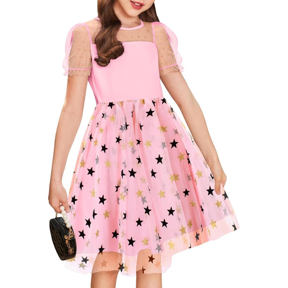 imageArshiner Girls Dress Contrast Mesh Puffy Short Sleeve A Line Casual Party Dress 312 YearsPink Star