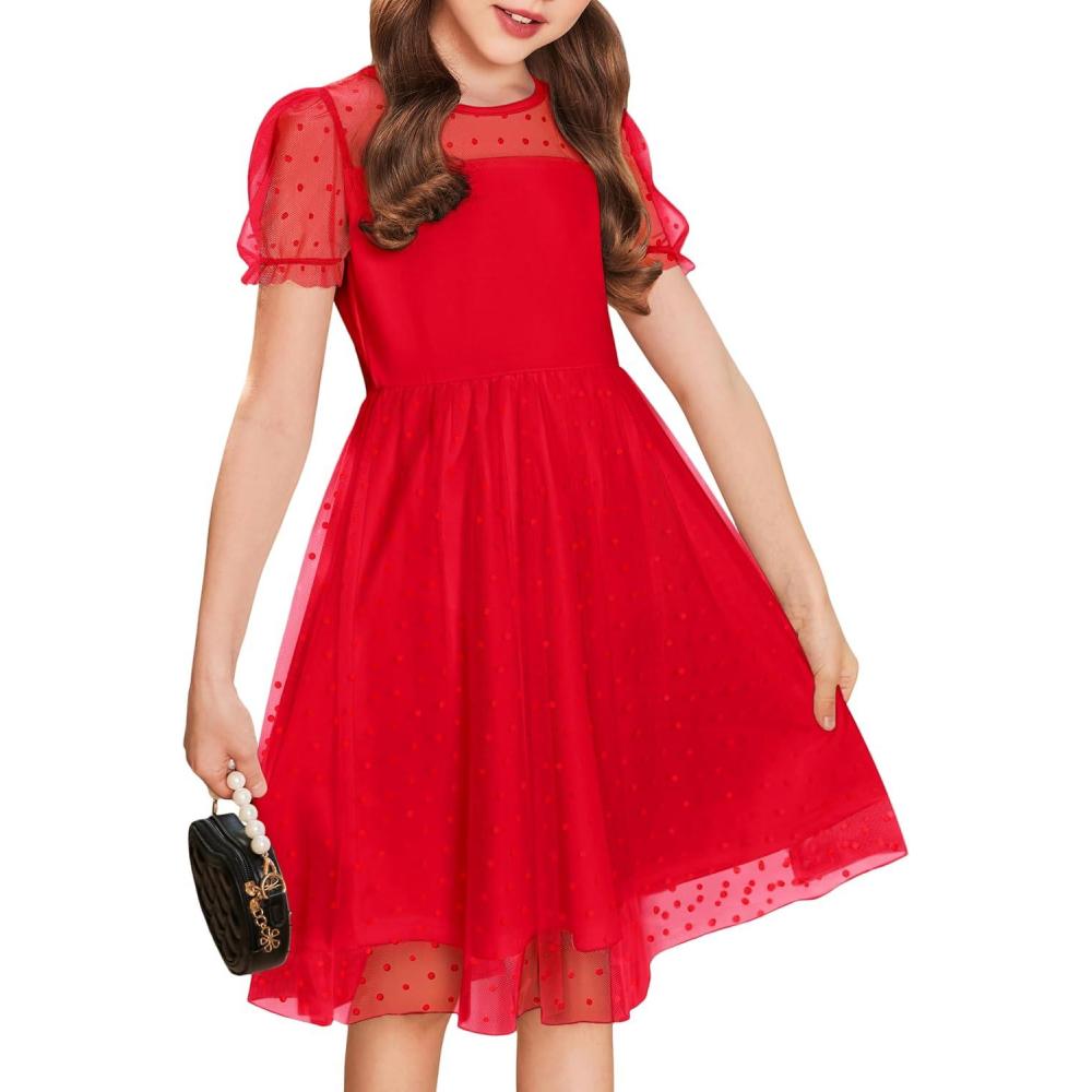 imageArshiner Girls Dress Contrast Mesh Puffy Short Sleeve A Line Casual Party Dress 312 YearsRed