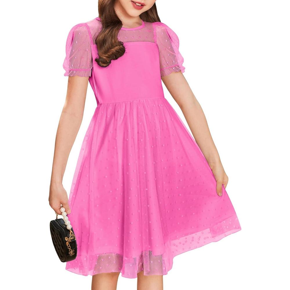 imageArshiner Girls Dress Contrast Mesh Puffy Short Sleeve A Line Casual Party Dress 312 YearsRose Red