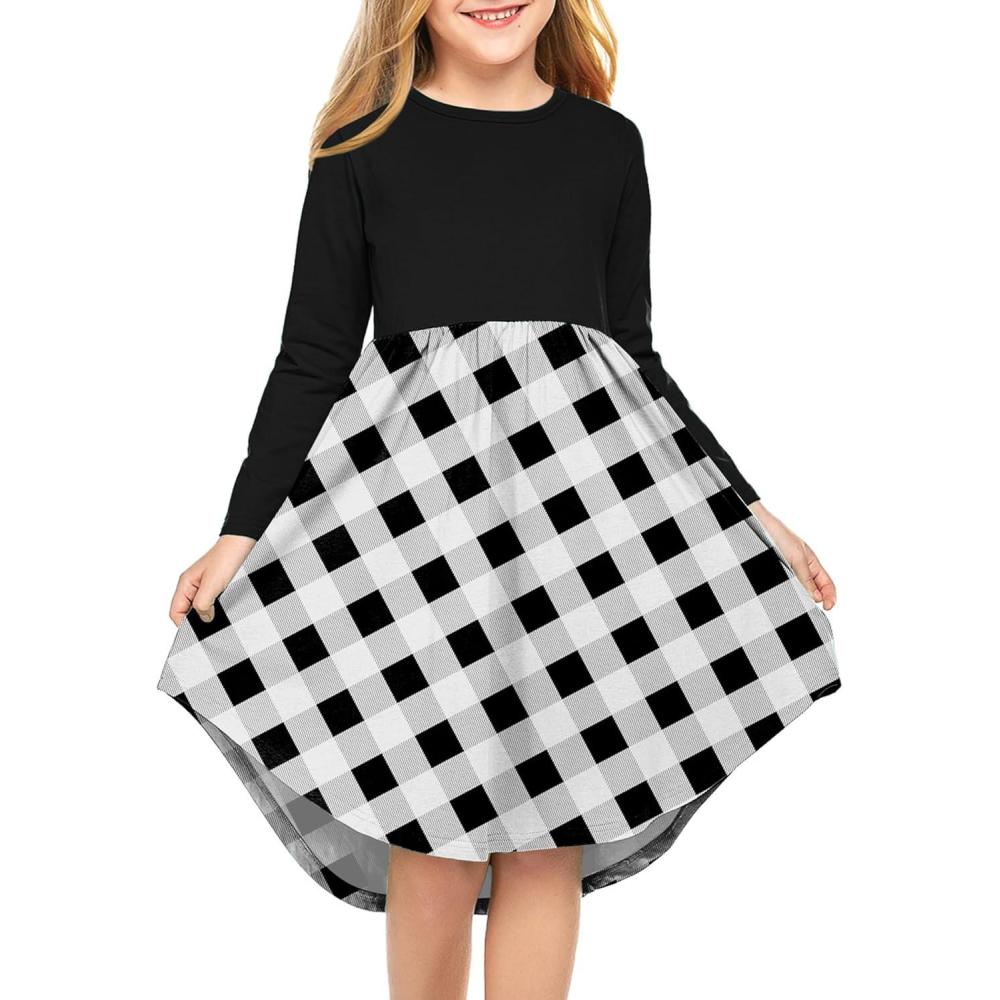 imageArshiner Girls Dress Kids Holiday Casual Long Sleeve High Low Swing Midi DressesA Black Plaidlong Sleeve