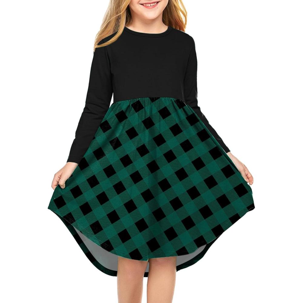 imageArshiner Girls Dress Kids Holiday Casual Long Sleeve High Low Swing Midi DressesA Green Plaidlong Sleeve
