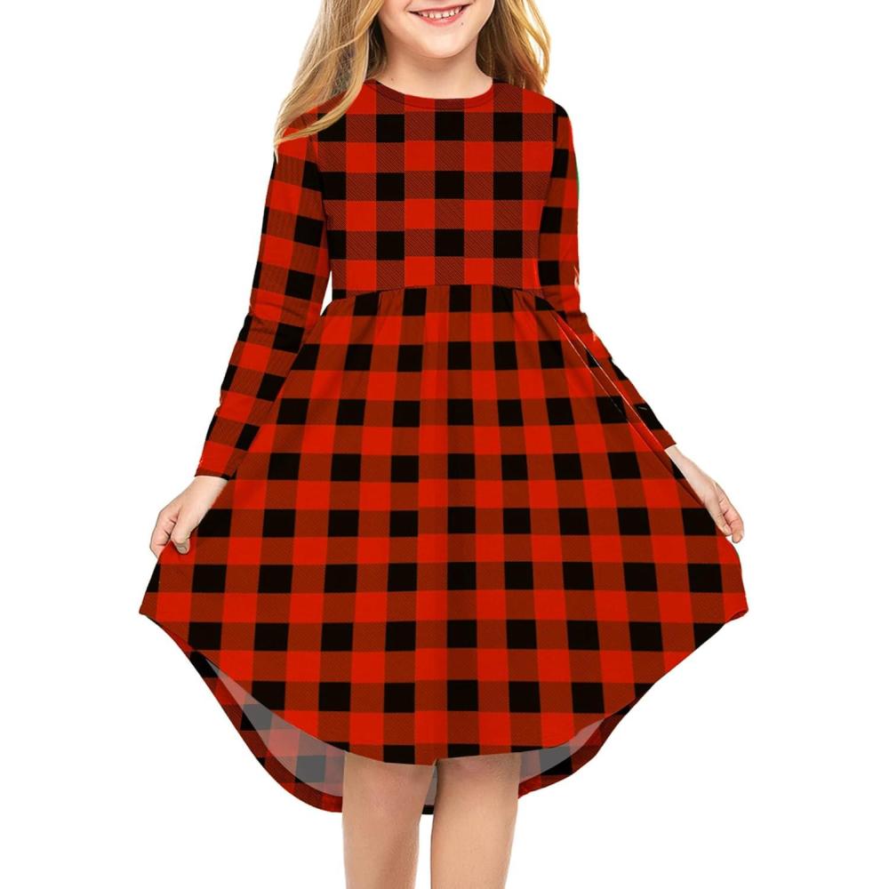imageArshiner Girls Dress Kids Holiday Casual Long Sleeve High Low Swing Midi DressesA Red Plaidlong Sleeve