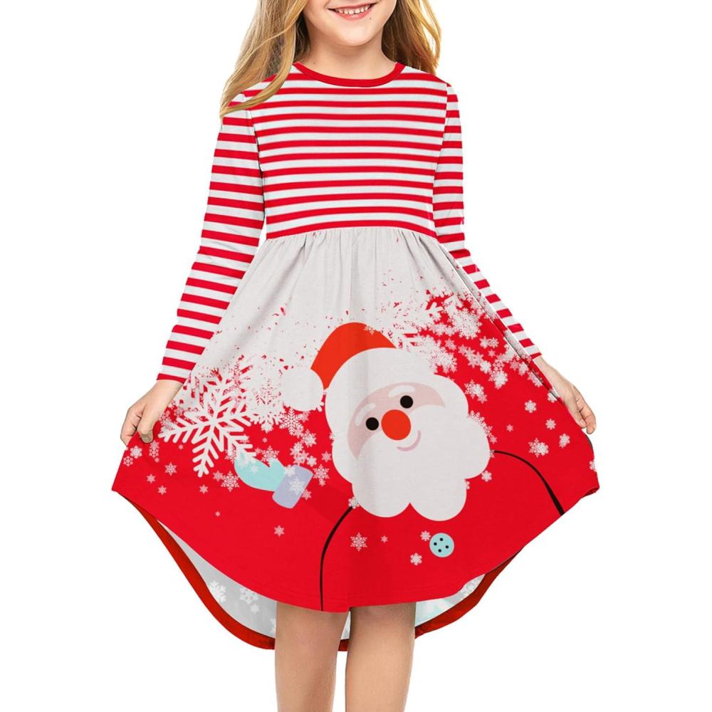 imageArshiner Girls Dress Kids Holiday Casual Long Sleeve High Low Swing Midi DressesA Red Santa