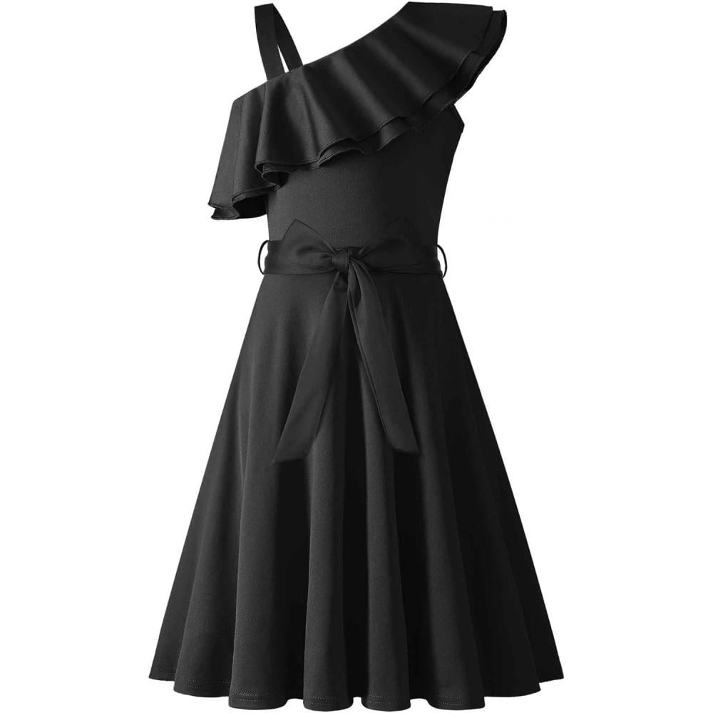 imageArshiner Girls Dress One Shoulder Formal Ruffle Trim Birthday Party Dresses with Belted Pockets for 512 YearsBlack