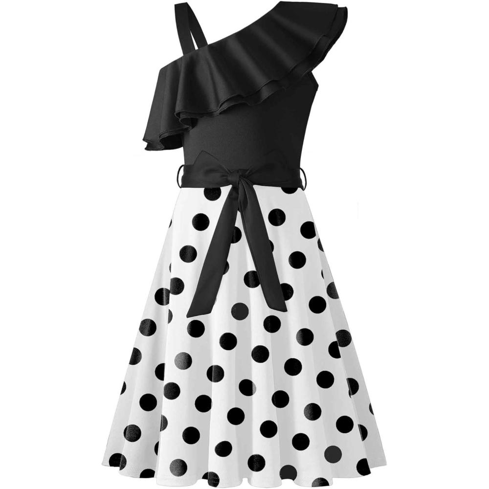 imageArshiner Girls Dress One Shoulder Formal Ruffle Trim Birthday Party Dresses with Belted Pockets for 512 YearsBlack Dot