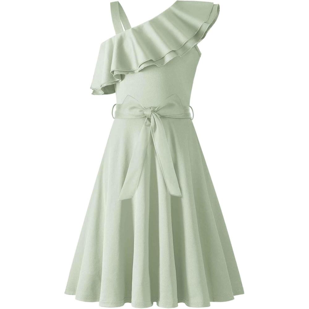 imageArshiner Girls Dress One Shoulder Formal Ruffle Trim Birthday Party Dresses with Belted Pockets for 512 YearsLight Green