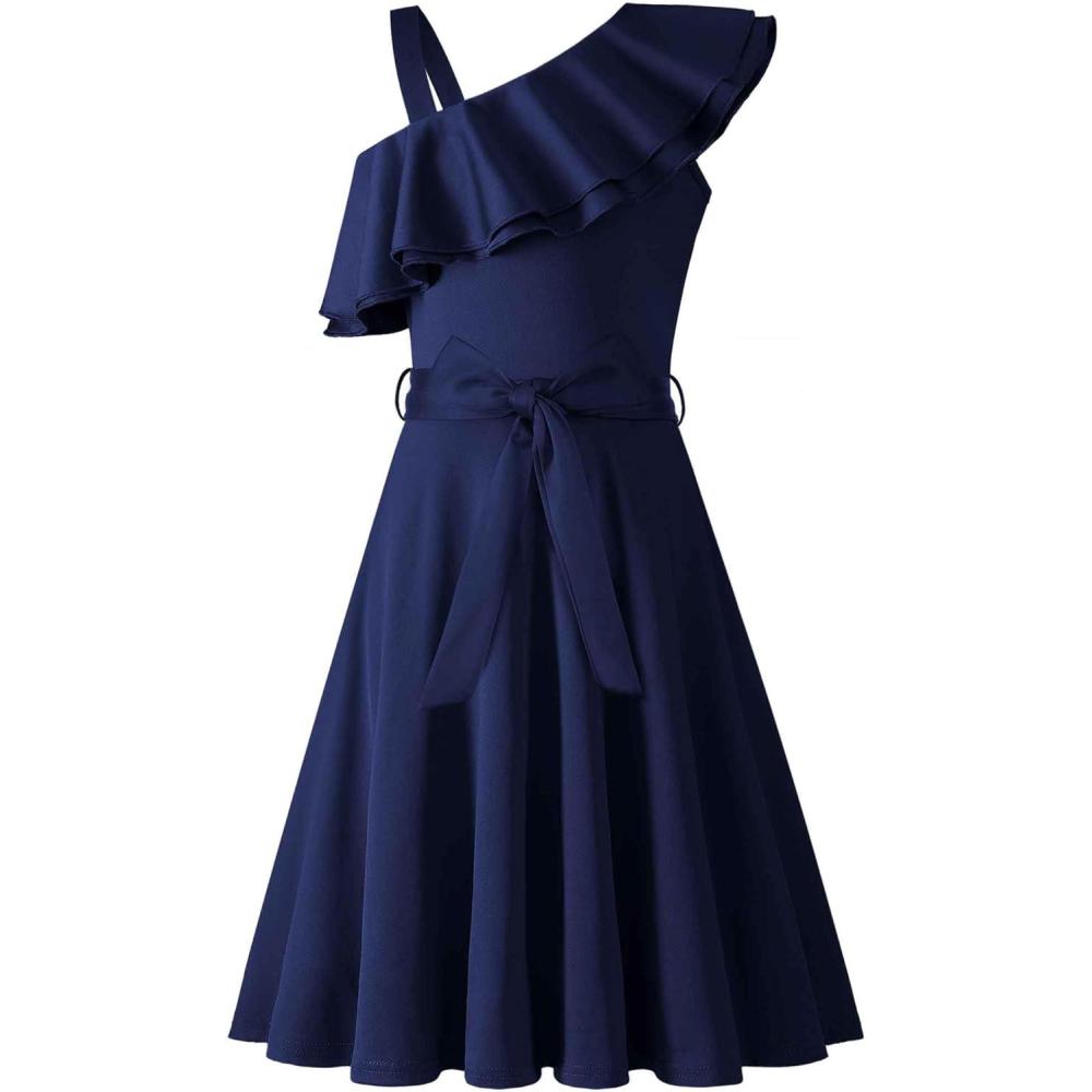 imageArshiner Girls Dress One Shoulder Formal Ruffle Trim Birthday Party Dresses with Belted Pockets for 512 YearsNavy Blue