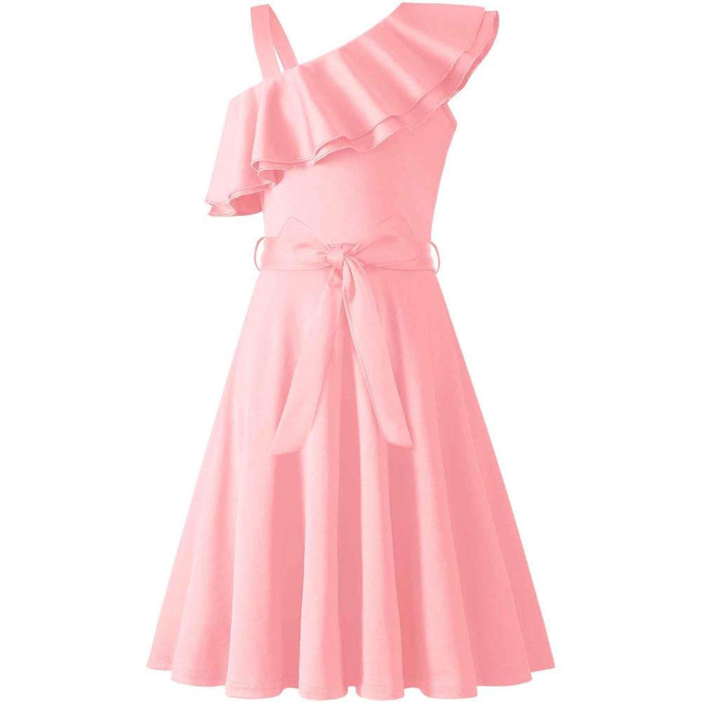 imageArshiner Girls Dress One Shoulder Formal Ruffle Trim Birthday Party Dresses with Belted Pockets for 512 YearsPink