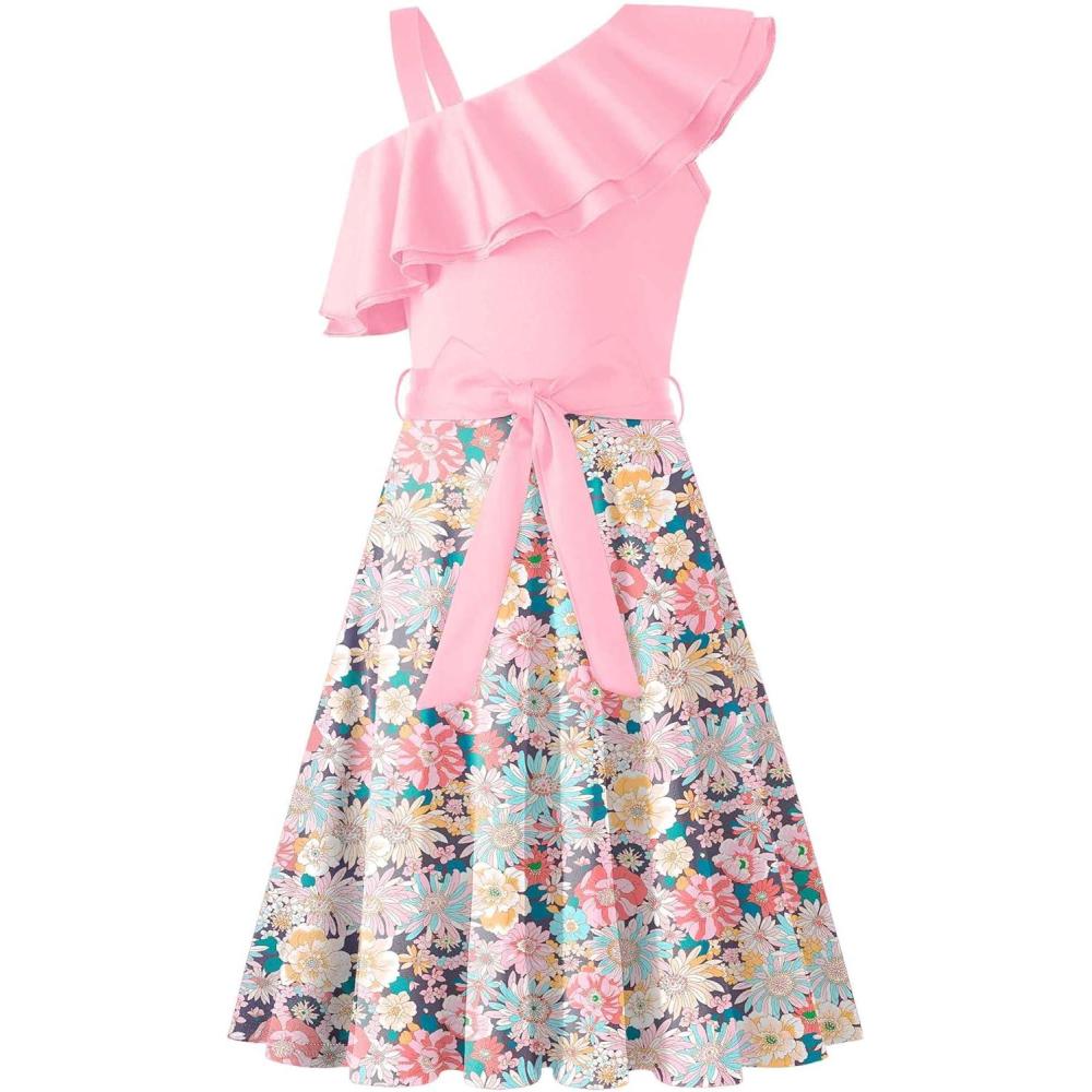 imageArshiner Girls Dress One Shoulder Formal Ruffle Trim Birthday Party Dresses with Belted Pockets for 512 YearsPink Flower