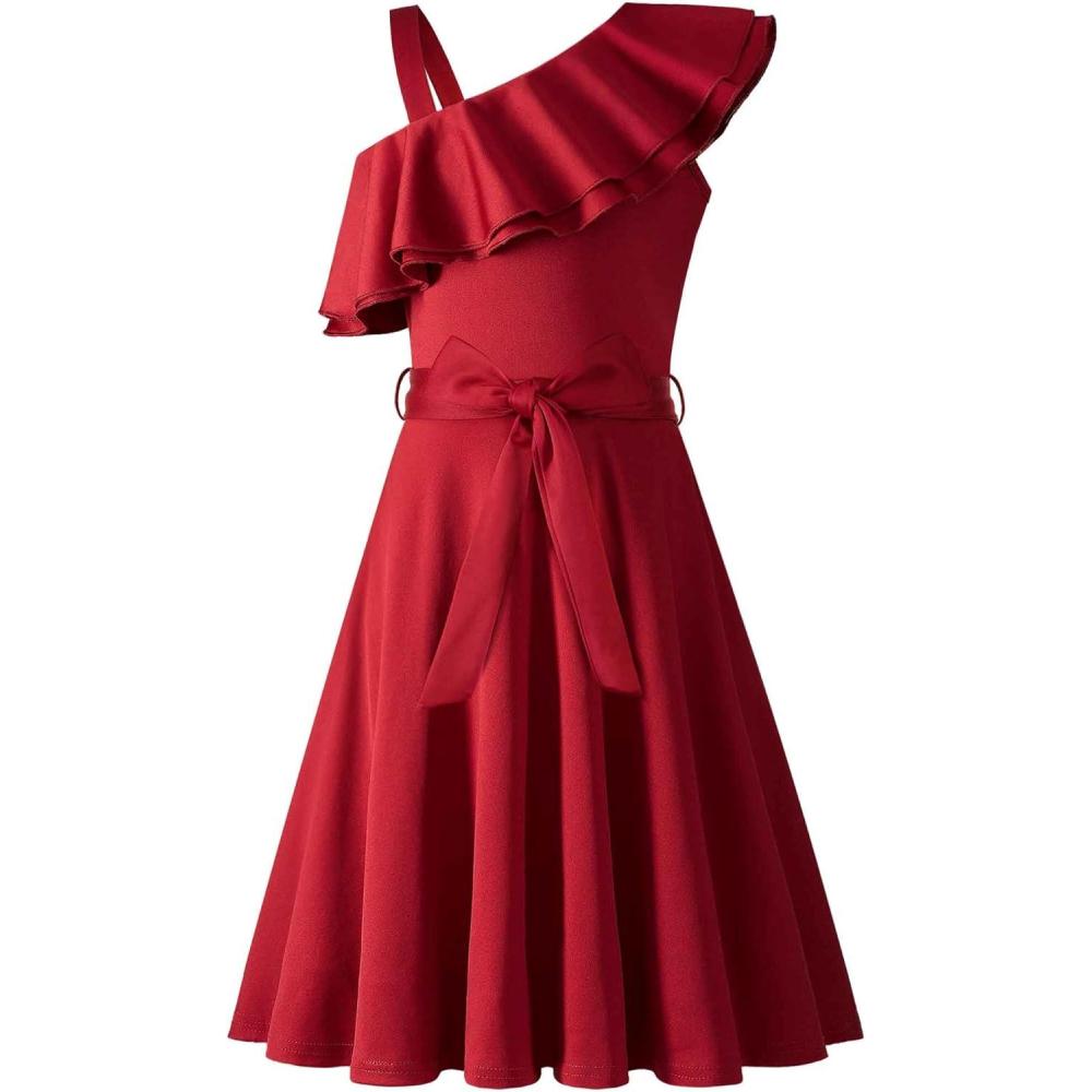 imageArshiner Girls Dress One Shoulder Formal Ruffle Trim Birthday Party Dresses with Belted Pockets for 512 YearsRed