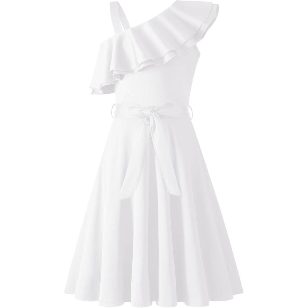 imageArshiner Girls Dress One Shoulder Formal Ruffle Trim Birthday Party Dresses with Belted Pockets for 512 YearsWhite