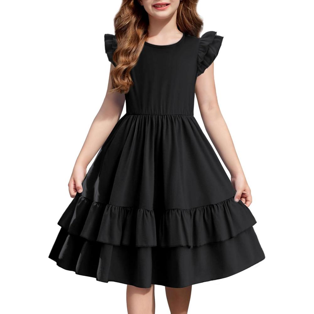 imageArshiner Girls Dress Tween Boho Flutter Sleeve Tiered A Line Summer Dresses with PocketsBlack