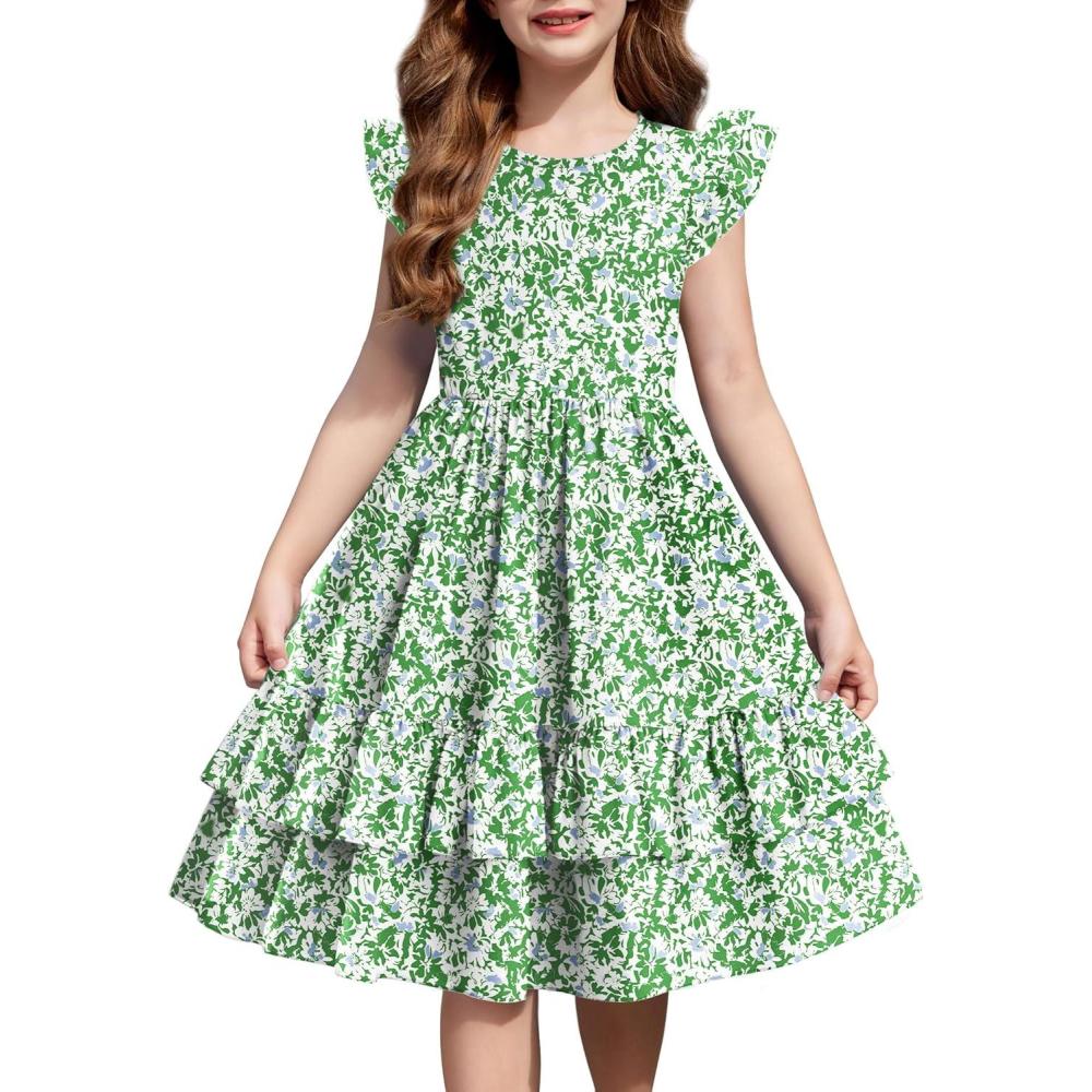 imageArshiner Girls Dress Tween Boho Flutter Sleeve Tiered A Line Summer Dresses with PocketsGreen Flower