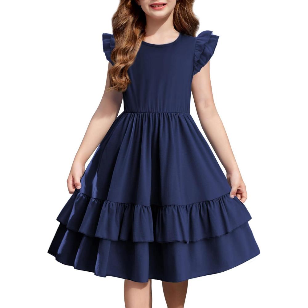imageArshiner Girls Dress Tween Boho Flutter Sleeve Tiered A Line Summer Dresses with PocketsNavy Blue