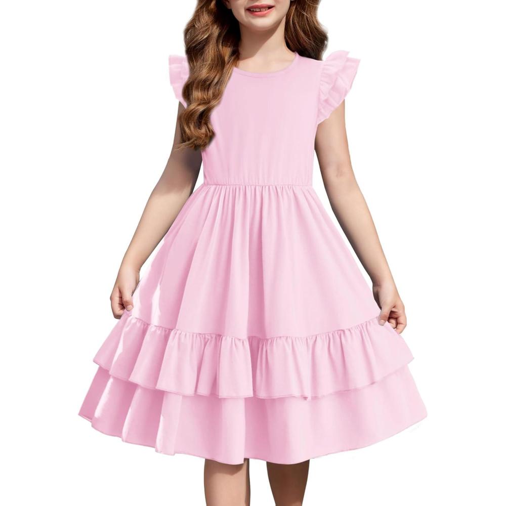 imageArshiner Girls Dress Tween Boho Flutter Sleeve Tiered A Line Summer Dresses with PocketsPink