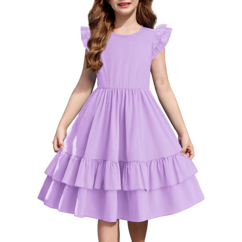 imageArshiner Girls Dress Tween Boho Flutter Sleeve Tiered A Line Summer Dresses with PocketsPurple