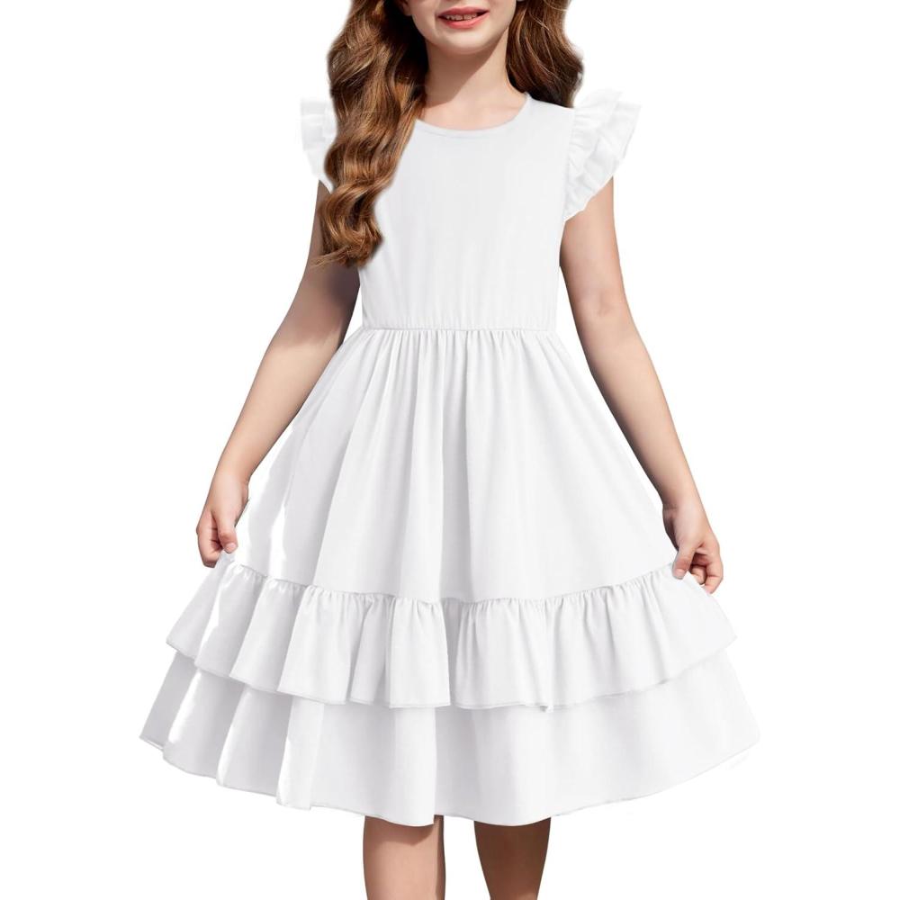 imageArshiner Girls Dress Tween Boho Flutter Sleeve Tiered A Line Summer Dresses with PocketsWhite