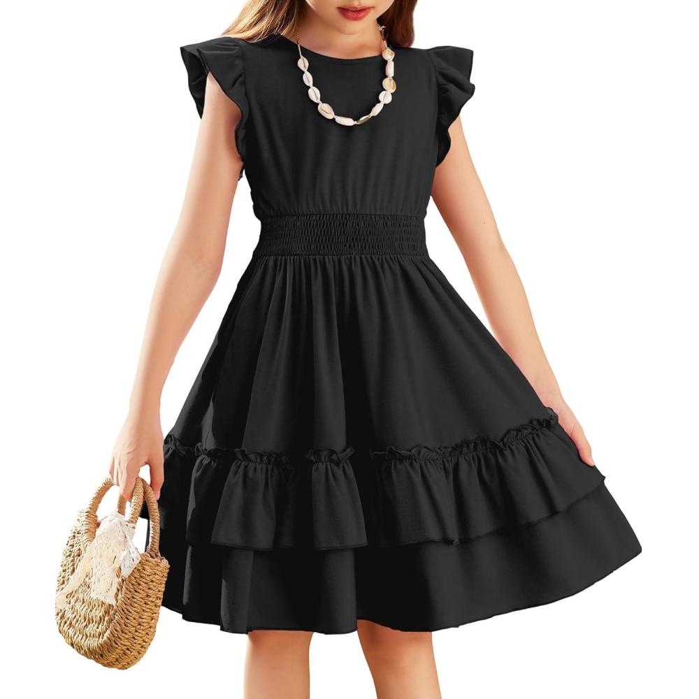 imageArshiner Girls Dresses Flutter Sleeve ALine Sundress Casual Summer Tiered Swing Midi Pocket DressBlack