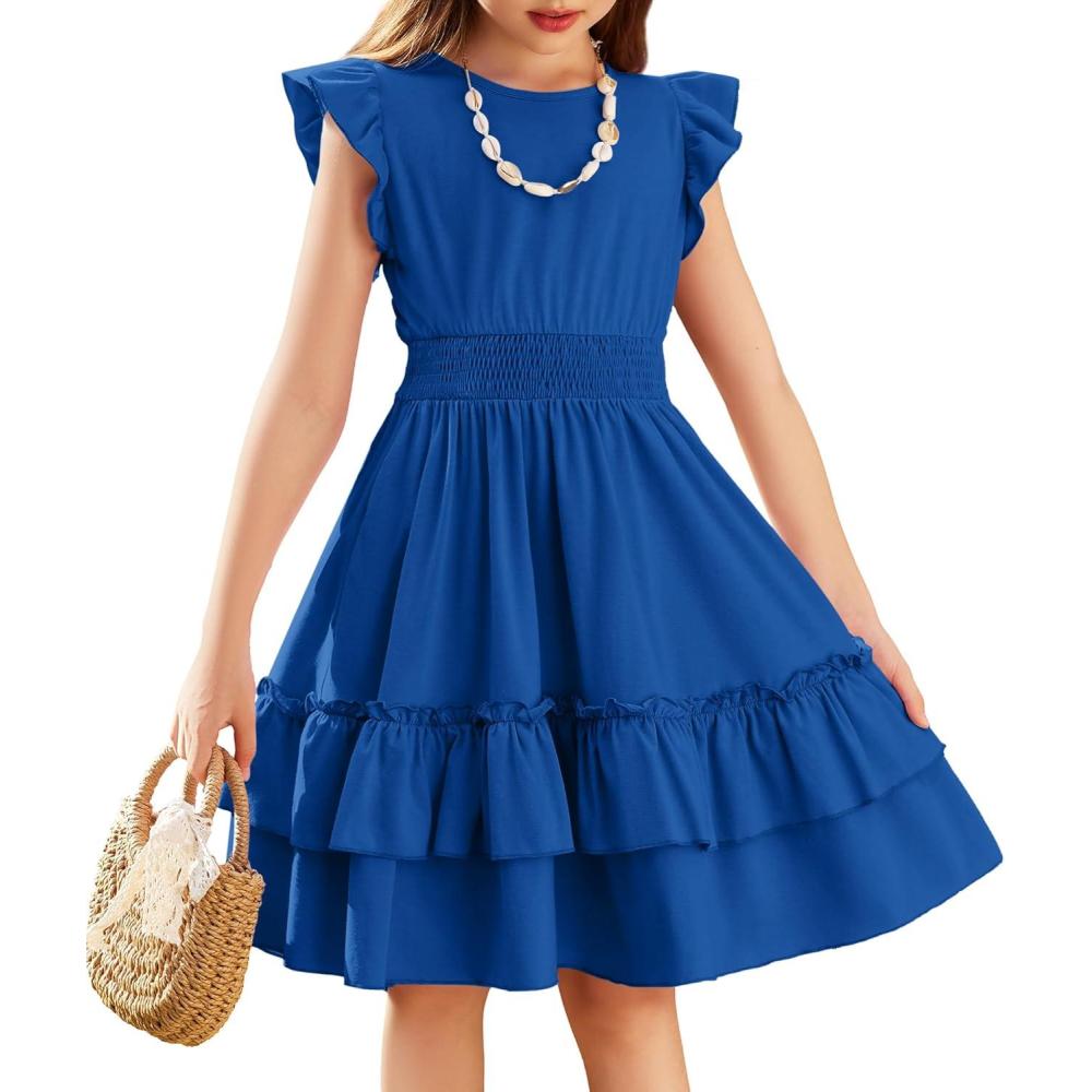 imageArshiner Girls Dresses Flutter Sleeve ALine Sundress Casual Summer Tiered Swing Midi Pocket DressDeep Blue
