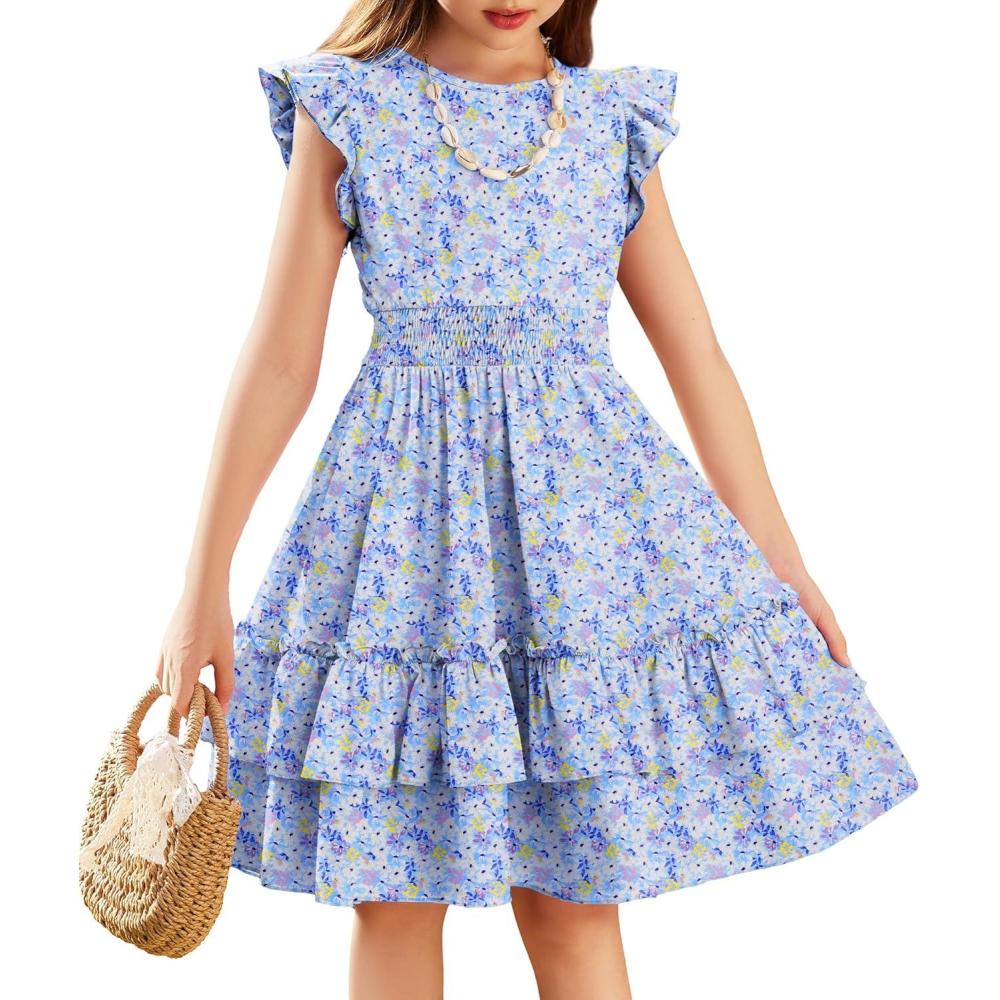 imageArshiner Girls Dresses Flutter Sleeve ALine Sundress Casual Summer Tiered Swing Midi Pocket DressFloral in Blue