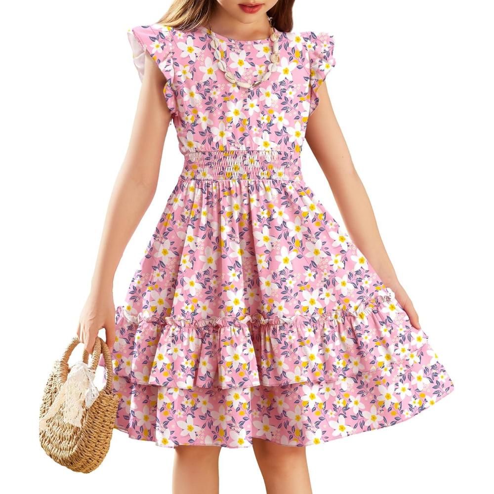 imageArshiner Girls Dresses Flutter Sleeve ALine Sundress Casual Summer Tiered Swing Midi Pocket DressFloral in Pink