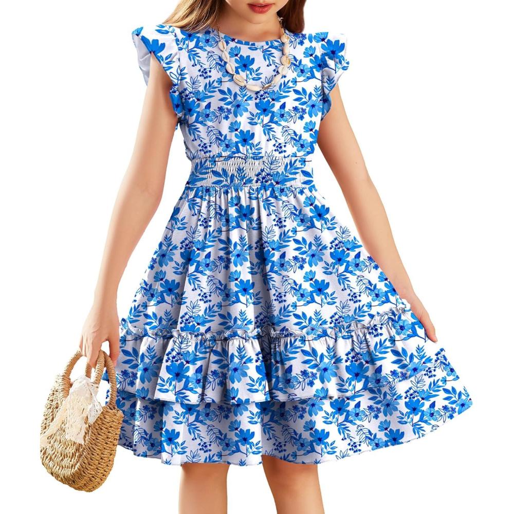 imageArshiner Girls Dresses Flutter Sleeve ALine Sundress Casual Summer Tiered Swing Midi Pocket DressFloral in White