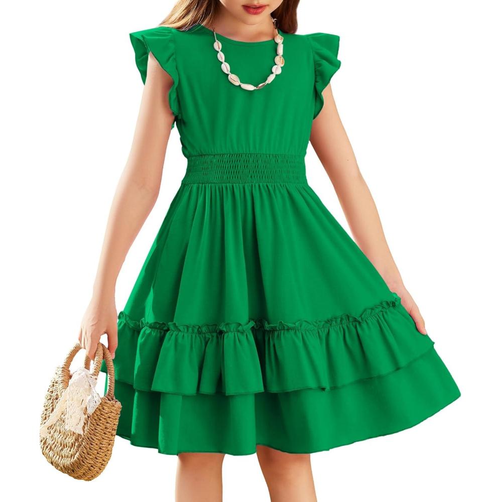 imageArshiner Girls Dresses Flutter Sleeve ALine Sundress Casual Summer Tiered Swing Midi Pocket DressGreen