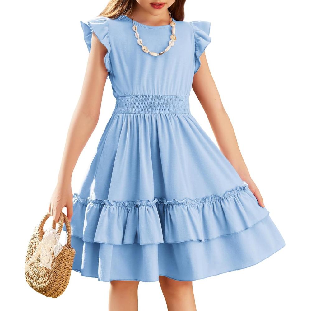 imageArshiner Girls Dresses Flutter Sleeve ALine Sundress Casual Summer Tiered Swing Midi Pocket DressLight Blue