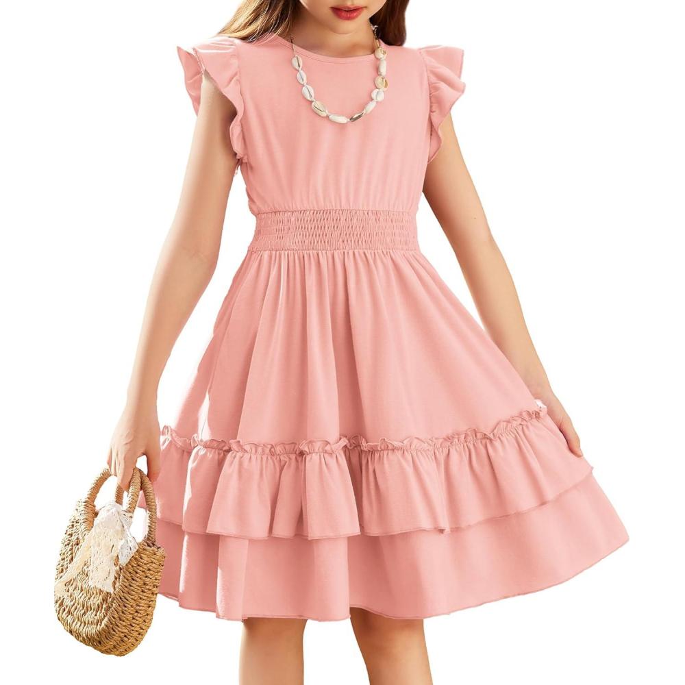 imageArshiner Girls Dresses Flutter Sleeve ALine Sundress Casual Summer Tiered Swing Midi Pocket DressLight Pink