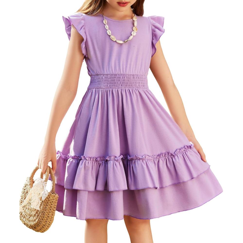 imageArshiner Girls Dresses Flutter Sleeve ALine Sundress Casual Summer Tiered Swing Midi Pocket DressLilac