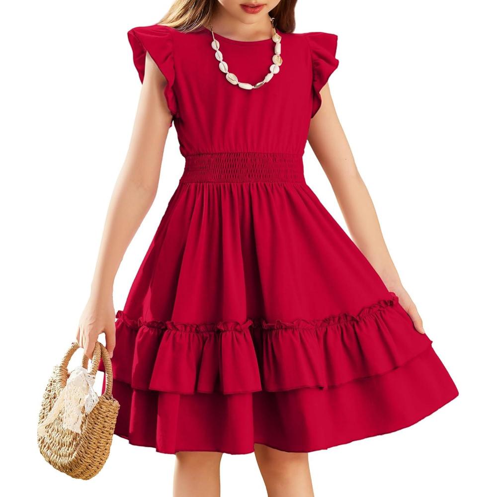imageArshiner Girls Dresses Flutter Sleeve ALine Sundress Casual Summer Tiered Swing Midi Pocket DressRed