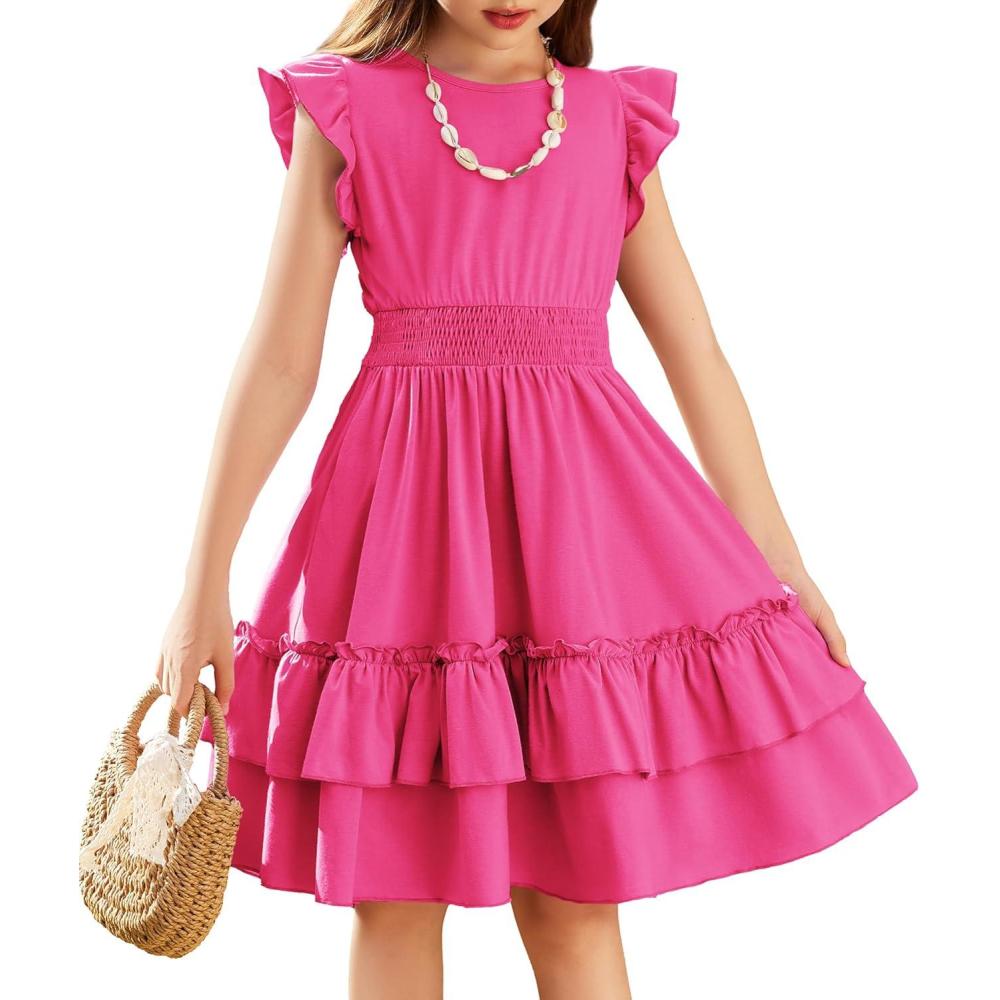 imageArshiner Girls Dresses Flutter Sleeve ALine Sundress Casual Summer Tiered Swing Midi Pocket DressRose Red