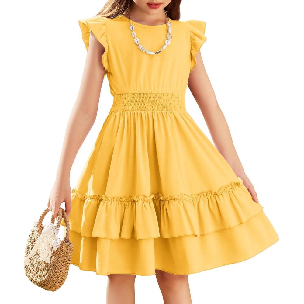 imageArshiner Girls Dresses Flutter Sleeve ALine Sundress Casual Summer Tiered Swing Midi Pocket DressYellow