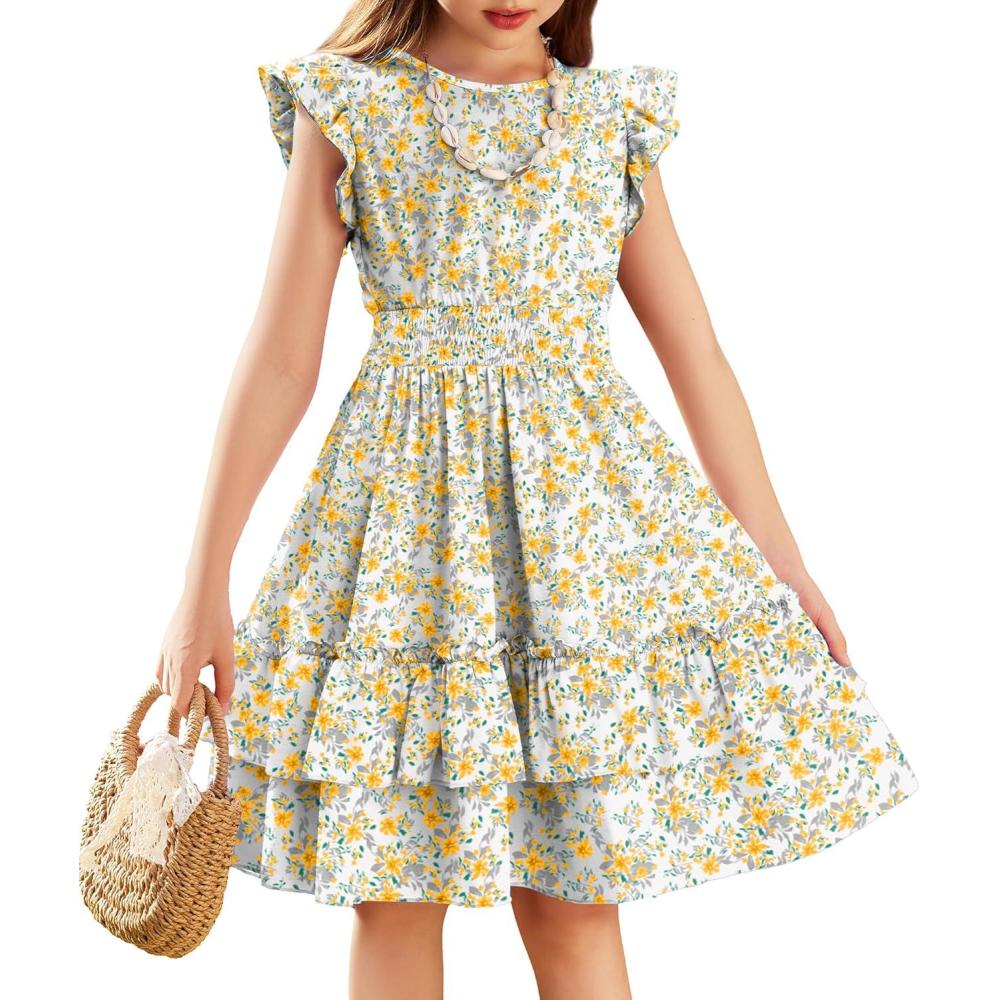 imageArshiner Girls Dresses Flutter Sleeve ALine Sundress Casual Summer Tiered Swing Midi Pocket DressYellow Floral