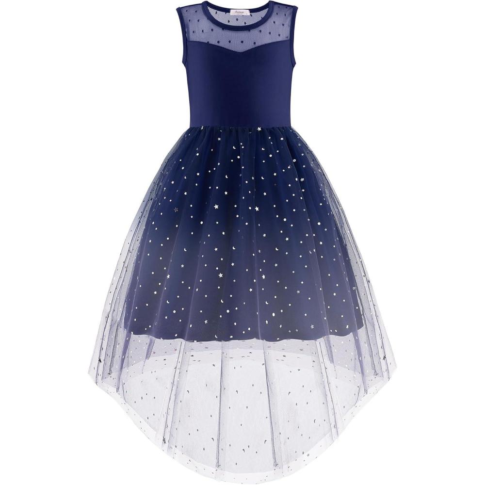 imageArshiner Girls Dresses Formal Party Wedding Tulle Sleeveless Contrast Mesh High Low Dress with BeltGradient Blue