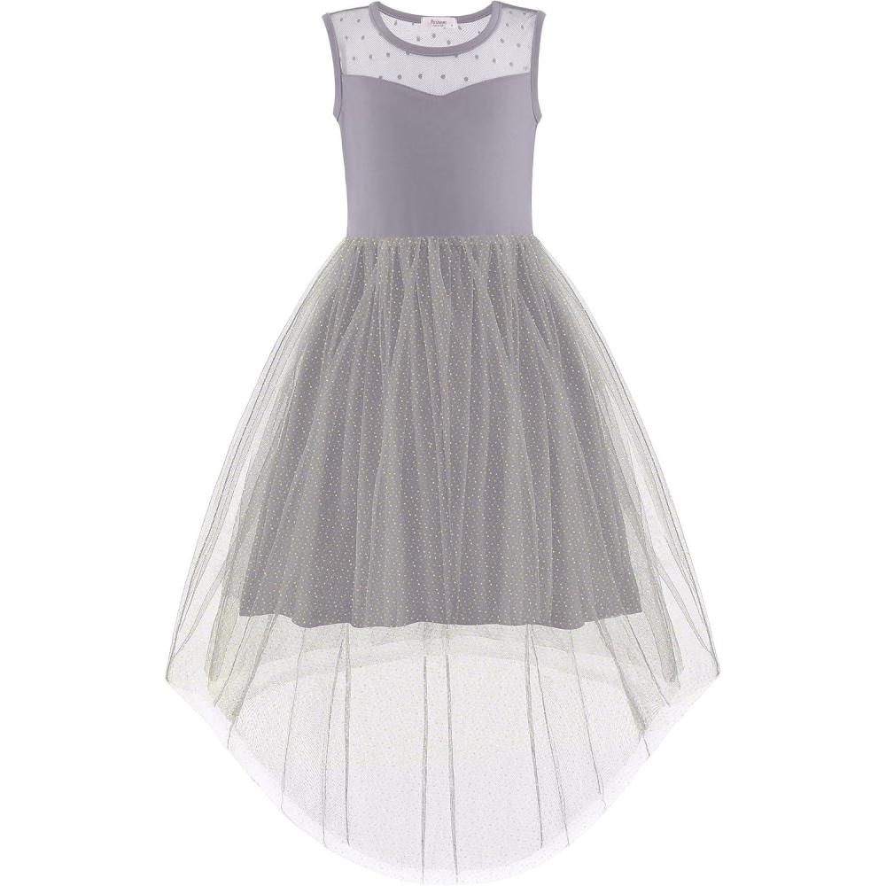 imageArshiner Girls Dresses Formal Party Wedding Tulle Sleeveless Contrast Mesh High Low Dress with BeltGrey Sparkle