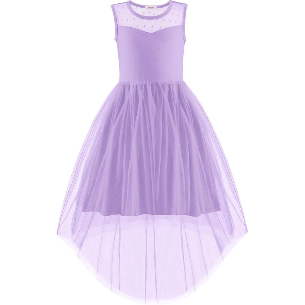 imageArshiner Girls Dresses Formal Party Wedding Tulle Sleeveless Contrast Mesh High Low Dress with BeltLavender