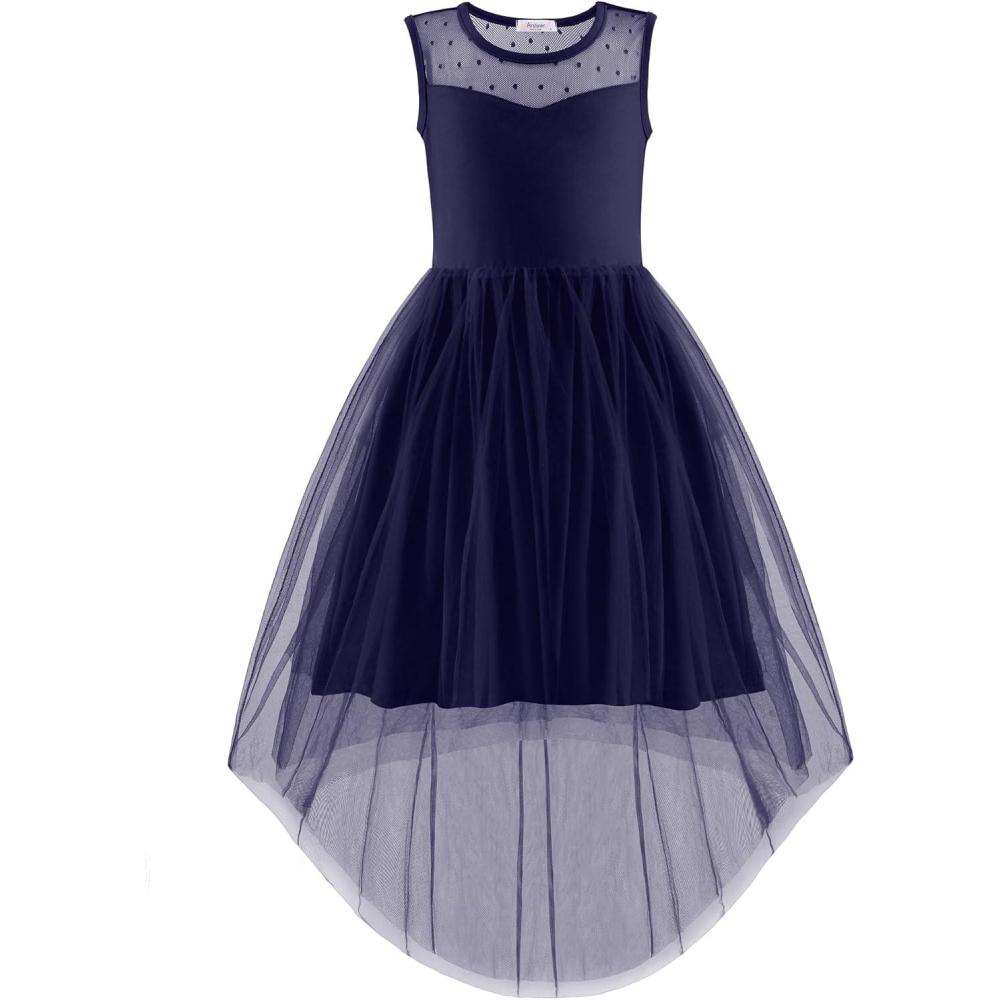 imageArshiner Girls Dresses Formal Party Wedding Tulle Sleeveless Contrast Mesh High Low Dress with BeltNavy