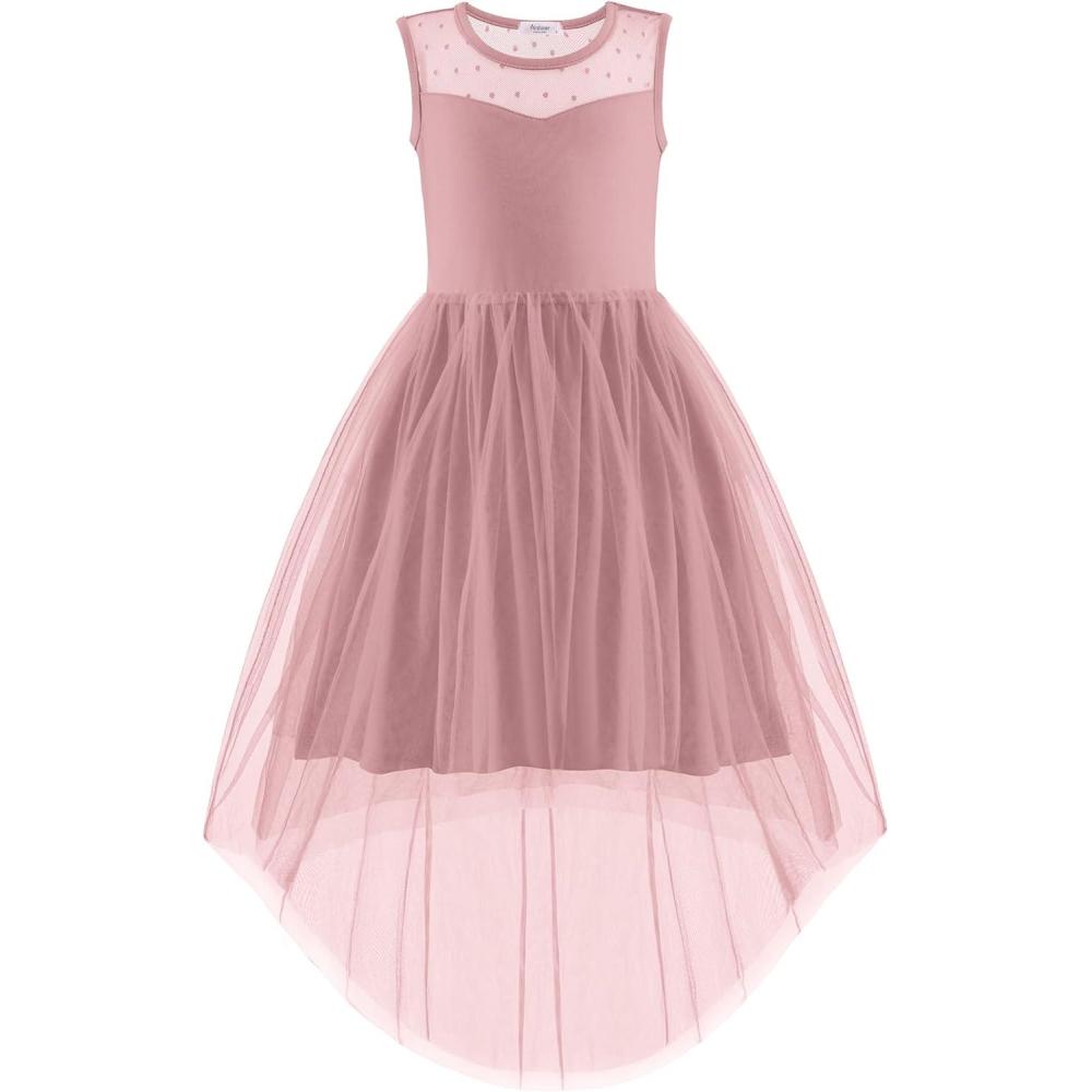 imageArshiner Girls Dresses Formal Party Wedding Tulle Sleeveless Contrast Mesh High Low Dress with BeltPink