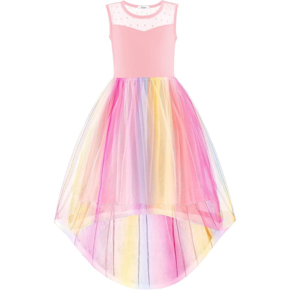 imageArshiner Girls Dresses Formal Party Wedding Tulle Sleeveless Contrast Mesh High Low Dress with BeltRainbow Pink