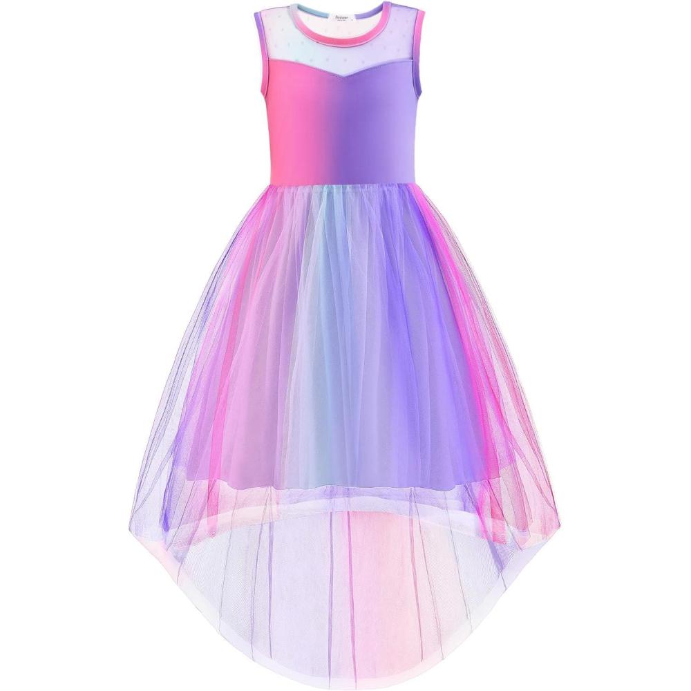 imageArshiner Girls Dresses Formal Party Wedding Tulle Sleeveless Contrast Mesh High Low Dress with BeltRainbow Purple